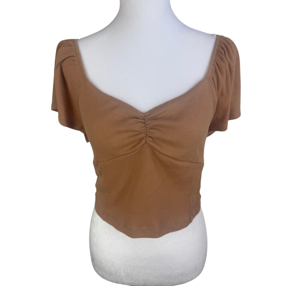 American Eagle Ribbed Sweetheart Neckline Ruched Brown Short Sleeve Top Medium